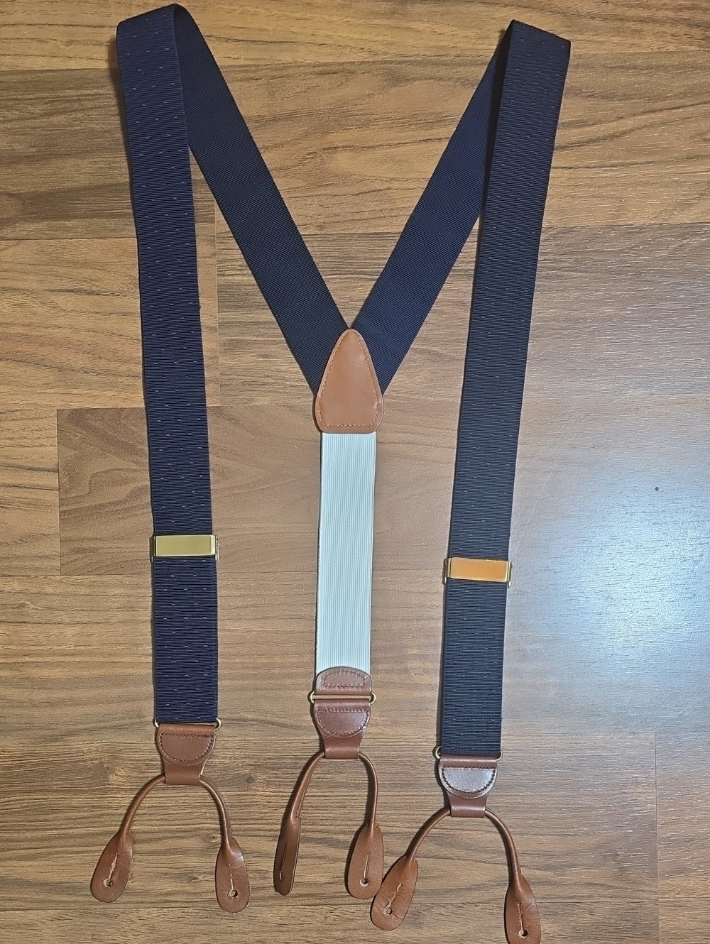 Brooks Brothers Navy Blue Leather-Trim Suspenders - Classic Adjustable Braces